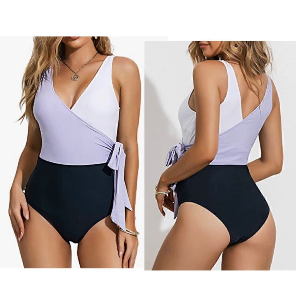 Felnart Swimsuits for Women V Neck Color Block Wrap One Piece Swimsuits Bowknot